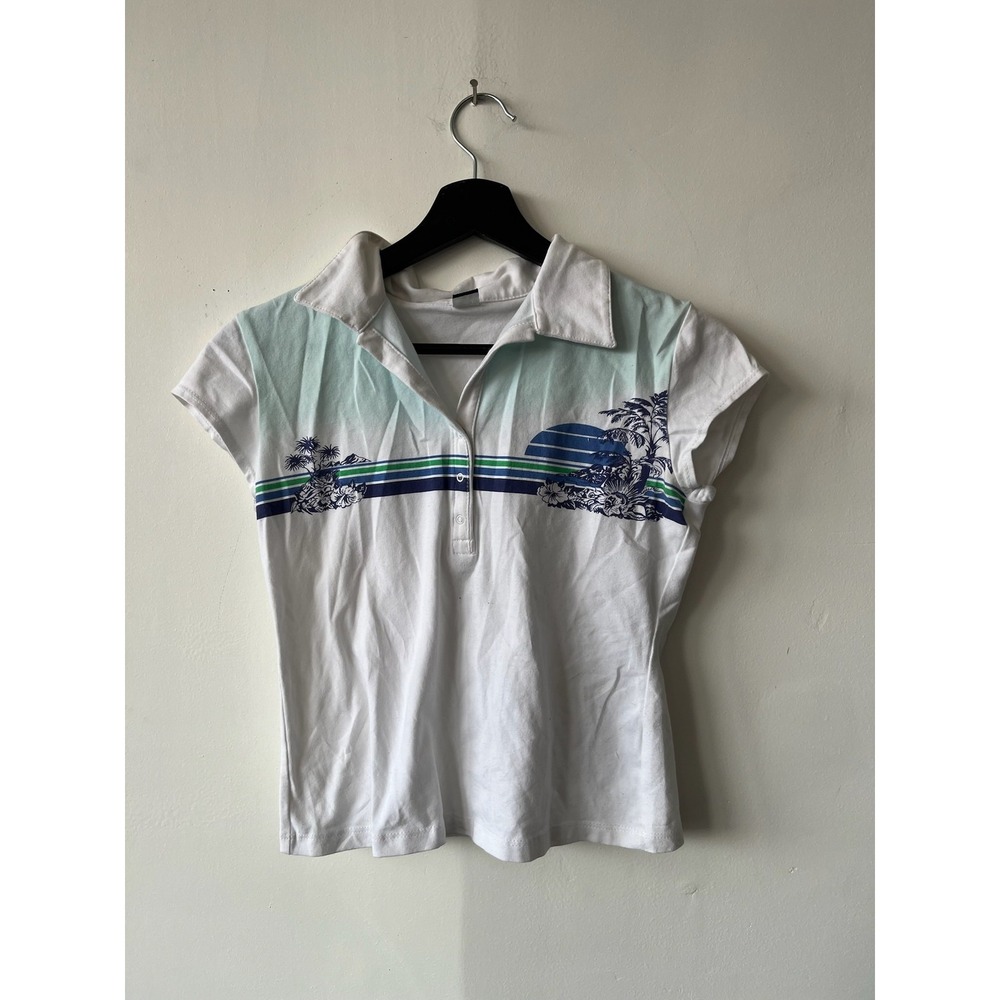 Vintage Tilt Shirt Womens Small Palm Tree Collared Stretch‎ Y2k Polo Tee Beach